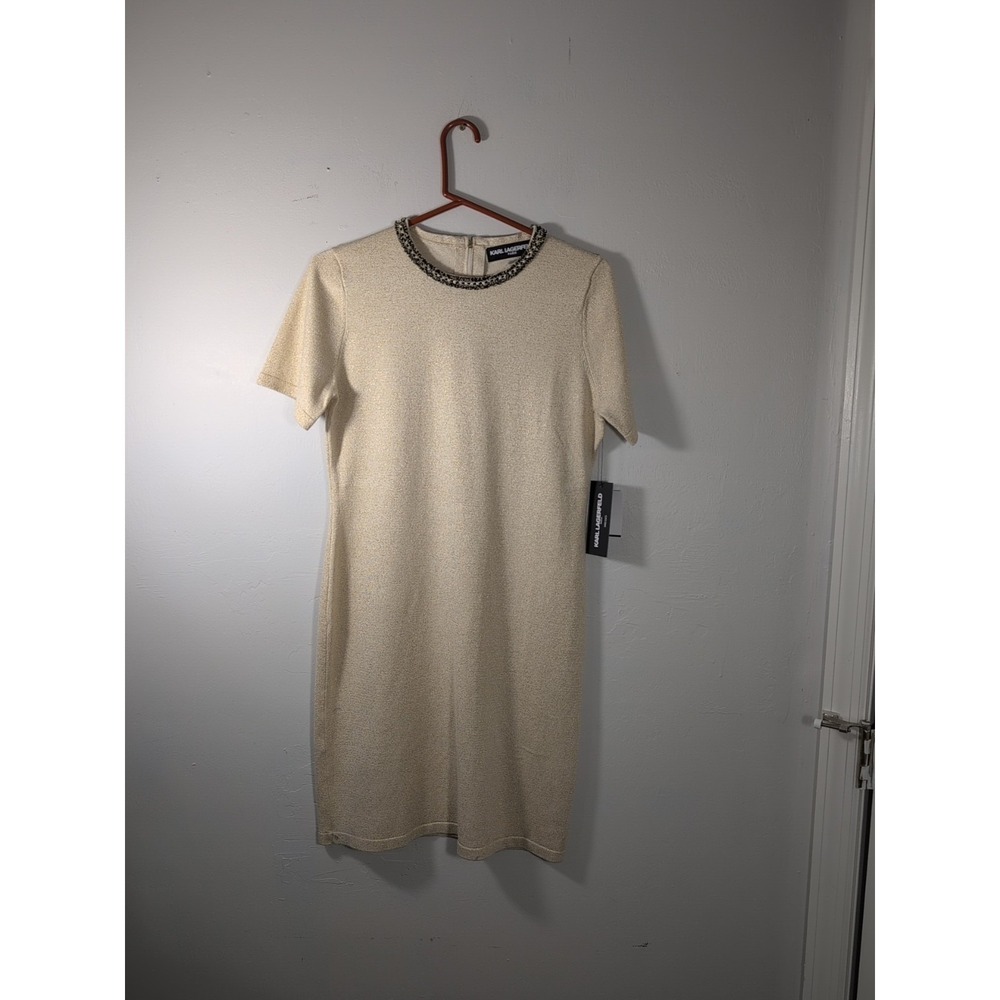 Karl Lagerfeld‎ Paris Dress Gold Glittery Tweed Short Sleeve, Size M, NWT